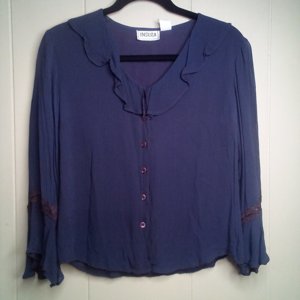 Indira Blouse M Button Front Ruffle 3/4 Sleeve Rayon Blue